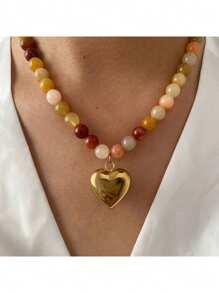 1pc Women Natural Stone Multicolor Mixed Beaded Titanium Steel Heart Pendant Necklace, Suitable For Party, Gathering, Gift, Daily Wear