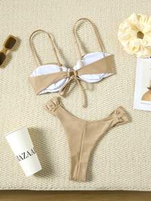 女士新款欧美纯色度假分叉沙滩比基尼夏季 - 香檳色 - 查看 2