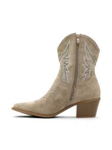 經典時尚刺繡圖案舒適短靴 - Taupe - 查看 4