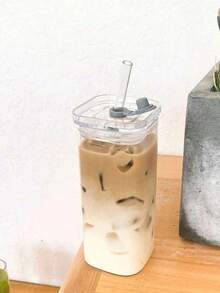 1个，高颜值玻璃杯，带盖，透明简约平底家用咖啡杯，夏季饮料吸管杯，便携式水瓶 - 透明 - 查看 4