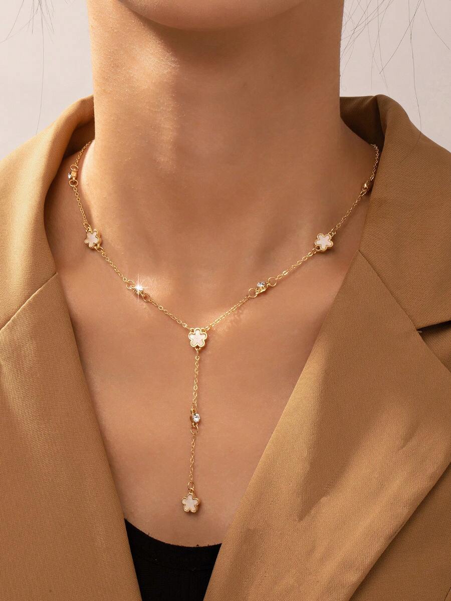 1 件女士金色不锈钢白色贝壳花形锆石 Y 形吊坠项链，时尚珠宝，18K 镀金 - 金色 - 查看 1