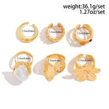 6 Pieces Vintage Handmade Hammered Thick Gold Plated Metal Wind Designer Colorful Gemstone Set Geometric Mixed Baroque Pearls Girly Hawaiian Vacation Casual Holiday Ceremonial Gift Wearable Temperament Party Gathering Fashion Women's Ring Set - 巴洛克花金屬戒指 - 查看 7