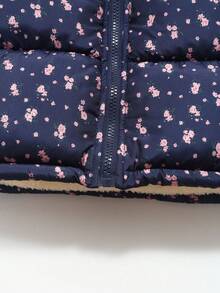 秋冬新款海军蓝碎花女婴保暖外套，带帽保暖加厚羽绒服，卡通绗缝外套 - 藍色 - 查看 5