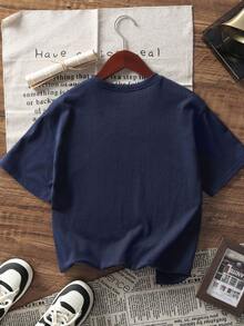 Tween Boy 倒三角迷彩字母印花圆领短袖 T 恤，新款夏季休闲上衣 - 藏蓝色 - 查看 2