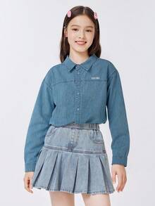 Áo sơ mi denim cài nút cho bé gái tuổi teen 2025, mẫu mới thường ngày - Denim màu xanh nhạt - Xem 2