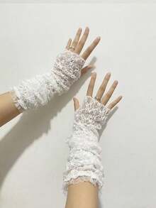 1 双女士蕾丝露指长手套，弹性薄款防晒袖套，洛丽塔风格 - 長款小碎花 - 查看 5
