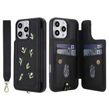 PU leren flip- en schokbestendige hoes, compatibel met iPhone 16, 15, 14 Plus, 13, 12, 11 Pro Max, voor Galaxy S25, S24, S23 Ultra Plus, S24 FE, stereobloem met koord en standaard, portemonnee-telefoonhoesje voor dames