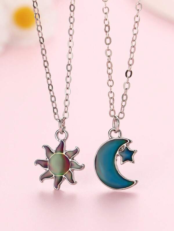 2 pièces Ensemble de colliers pendentifs soleil et lune en alliage de zinc, changeant de couleur avec la température, convient pour un port quotidien et en cadeau pour les filles