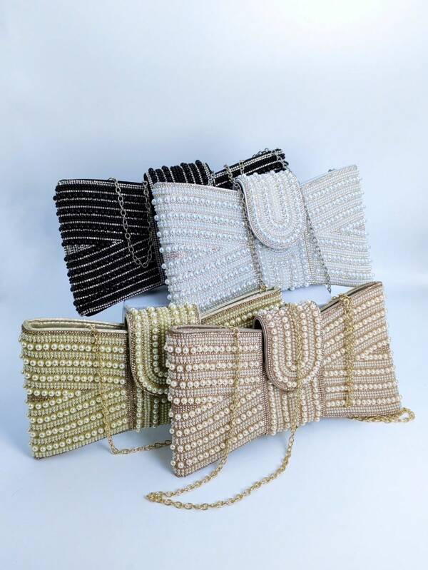Large Size High-Quality A-Grade Crystal Bow Pearl Rhinestone Decorated Evening Bag, Rhinestone Studded Formal Envelope Clutch Handbag With Strap