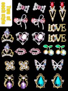 Un paquete de 24 lujosos sets mixtos de uñas de doble color en oro y plata, accesorios de decoración de uñas 3D con rhinestones, flores de diamantes, mariposas, adornos metálicos con forma de cereza, vidrio, cristal, gemas, joyería para uñas, accesorios de manualidades para uñas de niñas, decoración tridimensional