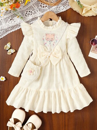 2 件套婴儿/幼儿女孩休闲时尚可爱兔子印花长袖荷叶边蝴蝶结装饰连衣裙和斜挎包，公主裙，适合户外穿着