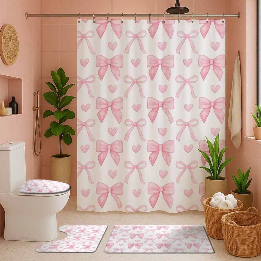 1/4pcs Pink Heart & Bow Bathroom Set, Includes Shower Curtain, Bath Mat, U-Shaped Toilet Lid Cover, Toilet Seat Cover, Fashionable Curtain/Shade, Waterproof, Machine Washable, No Drilling Required