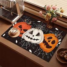 1 pieza Alfombrilla para barra de café, escurridor, alfombrilla de goma suave y absorbente a prueba de agua para secado de platos, con impresión de serie de Halloween con fantasma, calabaza y telaraña, para decoración de encimeras, restaurantes, cocina, mesa de comedor del patio, artículos del hogar