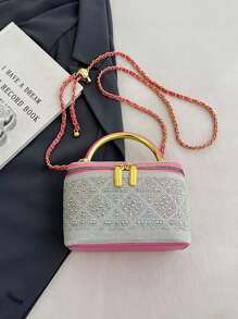 1pc Black Casual Versatile Handheld Mini Square Bag, Fashionable Embroidered Checkered Fabric, Suitable For Storing Phone, Lipstick, Coins At Work