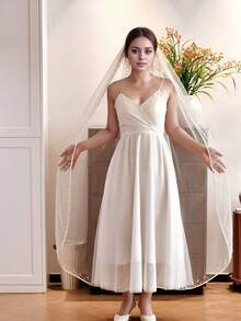 1pc Satin Beaded Bridal Veil, Waltz Length, Suitable For Wedding Ceremony, Wedding Photography Prop, Fingertip Length, With Hair Comb Fall Clothes For Women - Single Layer Veil - View 2