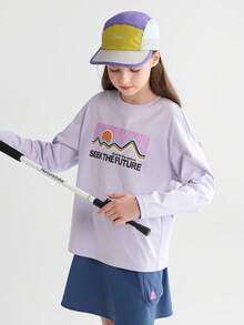 Balabala Tween Girls' Letter Print Round Neck Dropped Shoulder Long Sleeve Casual Loose T-Shirt - Pink Purple - View 3
