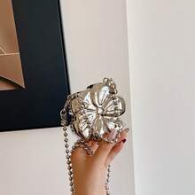 1 件新款迷你金属袋，电镀金色零钱包，亮面未来派金属色手提包，串珠链条斜挎包，花卉造型手提包，优雅零钱包 - 銀色 - 查看 3