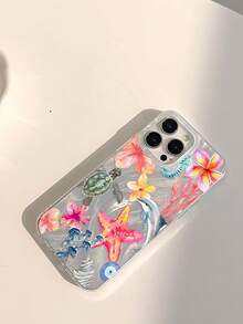 防震海洋元素时尚手机壳，单件装，包含海星、海龟、水母、芙蓉花、珊瑚、海豚图案，柔软透气防滑设计，兼容 11/12/13/14/15 Pro Max，防水防震防摔防刮，生日礼物之选 - 彩色 - 查看 3
