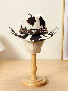 1pc Unisex Polyester Cow Print Cowboy Hat - Leather Rivet & Cow Skull Accent, Ideal For Riding, Outdoor Trips, Cowboy Parties & Daily Wear - Multicolor - View 4