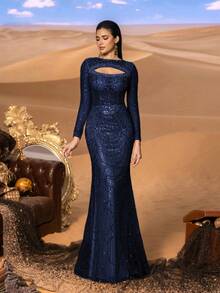 Faeriesty Đầm dạ hội đính sequin tinh tế với cổ tròn nhỏ nhắn và tay dài - thiết kế khoét lỗ, viền ren đính cườm và chân váy đuôi cá ấn tượng, thích hợp cho các buổi dạ tiệc/sự kiện thảm đỏ/đám cưới trang trọng/tiệc đêm giao thừa sang trọng/tiệc dạ hội lịch sự. - Màu xanh hải quân - Xem 4