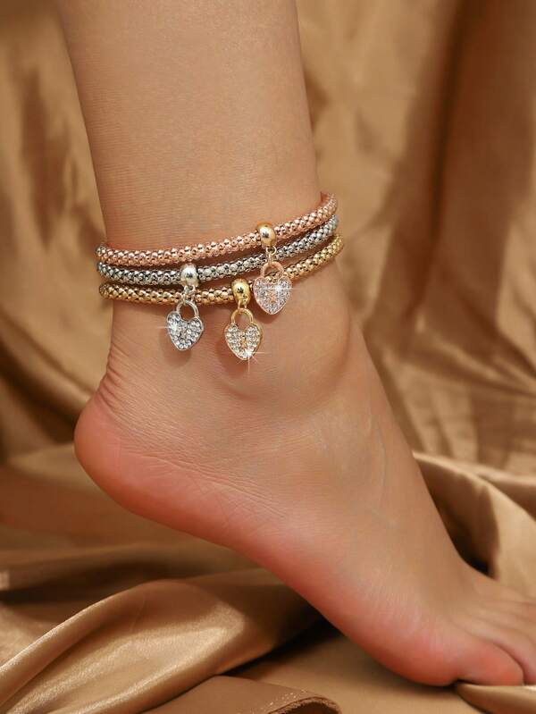 3pcs Set Fashionable Rhinestone Heart Decor 3-Color Stretch Heart Anklets, Elegant High Heel Jewelry, Adjustable Elastic Anklets