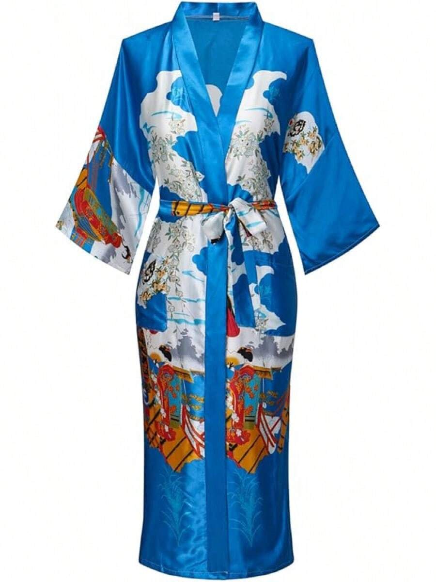 DandyChic Women's Long Floral Satin Robes Imitation Silk Sleepwear Bridal Dressing Gown For Bridesmaid Nightgownhalloween - 藍色 - 查看 1