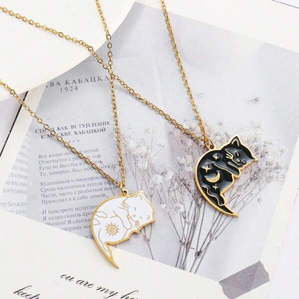 1pc Cartoon Sun Moon Cat Stainless Steel Necklace, Unisex Minimalist Clavicle Chain With Pendant