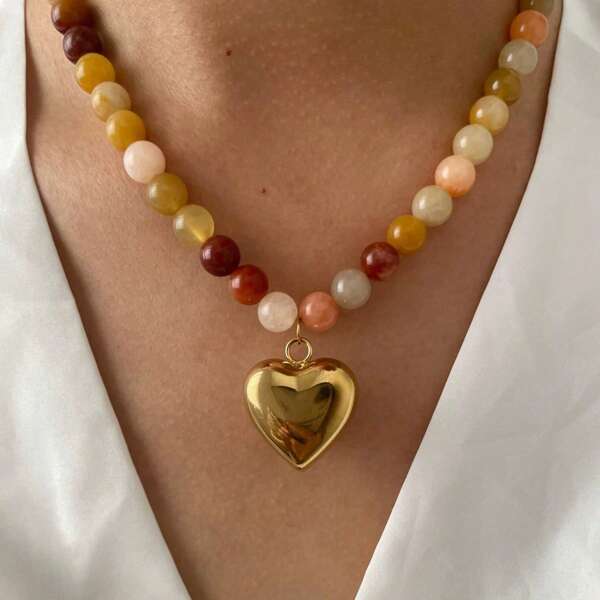 S SHOPBOHO 1 stuk Multi-kleurige natuurlijke edelsteen agaat kralen ketting handgemaakte stenen choker boho statement ketting met hart hanger