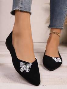 1 Pair Women's Pointed Toe Sparkling Butterfly Decor Ballet Flats, Comfortable & Elegant Design For Walking, Outdoor Leisure, Travel - Black - View 3