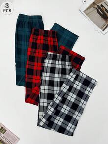 3pcs Men's Plaid Print Casual Straight Leg Pajama Pants, Breathable Loose Sweatpants With Pockets, Elastic Waist, Comfortable Long Pants, Multi-Colors Set, Fall Clothes
