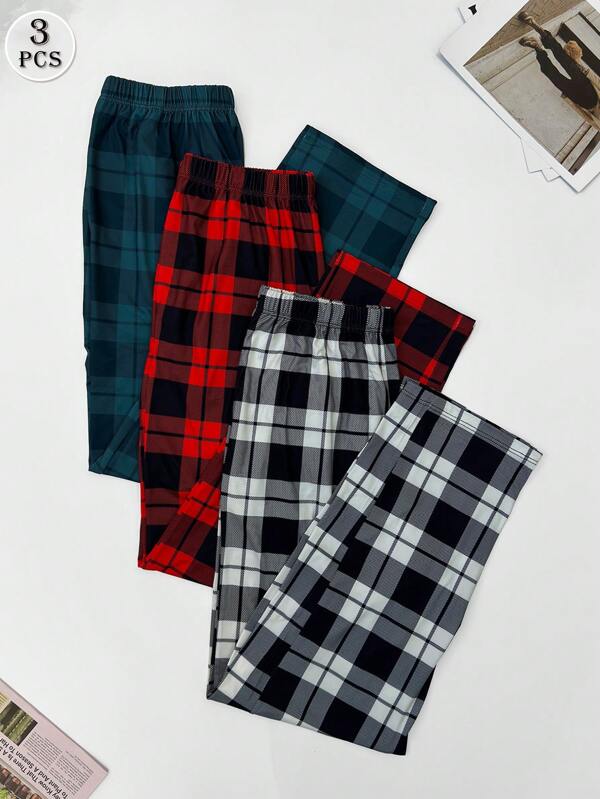 3pcs Men's Plaid Print Casual Straight Leg Pajama Pants, Breathable Loose Sweatpants With Pockets, Elastic Waist, Comfortable Long Pants, Multi-Colors Set, Fall Clothes