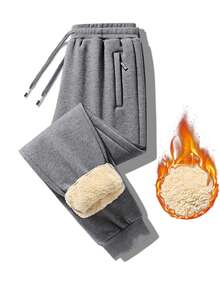 Men's Thermal Lined Sweatpants, Warm Thermal Joggers With Zipper Pockets, Winter - Grey - View 2