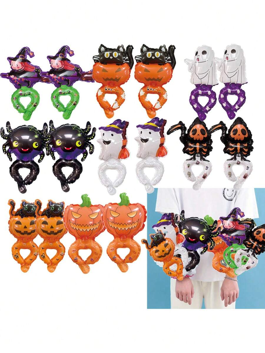 16pcs/Set Dekorasi Pesta Halloween Balon Foil Bentuk Kartun Gelang Tangan, Hantu & Laba-laba Desain Acak - Balon Pergelangan Tangan Halloween - View 1
