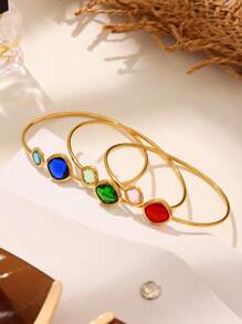 1pc Faceted Czech Glass Bangle Bracelet, Minimalist Luxury Stainless Steel Simple Ring Jewelry Bracelet For Women, Summer Accessories