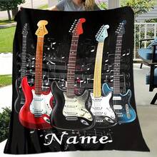Manta suave de franela con tema de guitarra personalizada - Nombre personalizable, apta para siesta en la oficina, aventura al aire libre y decoración cómoda del hogar, decoración navideña, mejor opción para Navidad - Multicolor - Ver 1