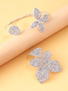 2件套金色水钻花朵手链戒指首饰套装，女士超大花朵首饰套装，派对配饰 - 銀色 - 查看 4