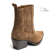 Pointed Toe Ankle Boots In Genuine Suede Leather, Featuring A Cuban Heel And A Structured Design For A Bold And Elegant Style. - Camel - View 5