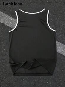 Lonblece 1pc Casual Numeric & English Letter Print Quick-Dry Round Neck Sleeveless Tank Top, Sports Style, Spring/Summer
