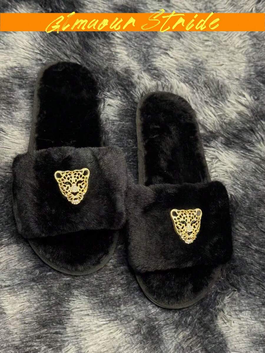 With Gold Panther Rhinestone Inlay Style,House Slippers Are Comfortable, Soft, Fashionable, And Can Be Worn Outside Or At Home. They Are A Choice For Trendsetters,Shoes Women Slippers,Fluffy Slippers,Slippers,Black Minimalist Fuzzy Bedroom Slippers,White Shoes,Gray Shoes