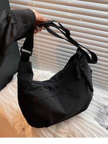 Fashion Solid Color Nylon Waterproof Shoulder Bag, Casual Simple Campus Style Wide Strap Crossbody Bag With Multiple Zippers, Suitable For Students To School, Strolling, Shopping, Daily Use - Black - View 5
