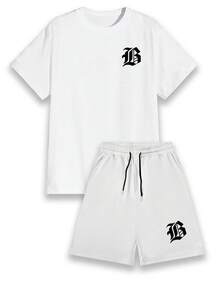 男士休闲运动套装 - 白色字母“B”印花短袖T恤和短裤，适合户外活动