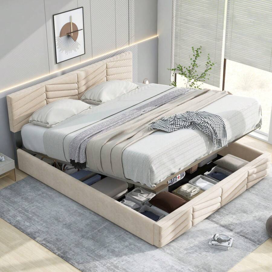Beds - Beige + Velvet + 140cm*200cm - View 1