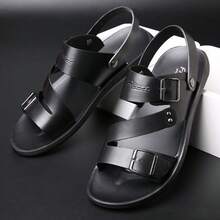 Simple And Versatile Open-Toe Mens Slippers With Double Buckle Design, Comfortable Flat Sole, A Preferred Choice For Daily Wear & Beach Outings. - màu đen - Xem 8