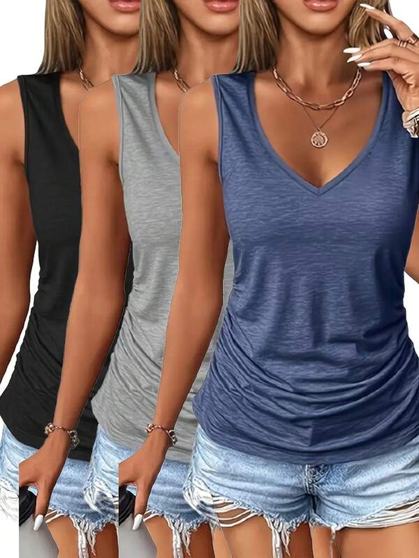 3 peças de regatas femininas casuais sem mangas e decote em V - Camisas de cor sólida com caimento solto (preto/cinza/azul), laváveis à máquina, versáteis para todas as estações, uso diário, design plissado, confortáveis