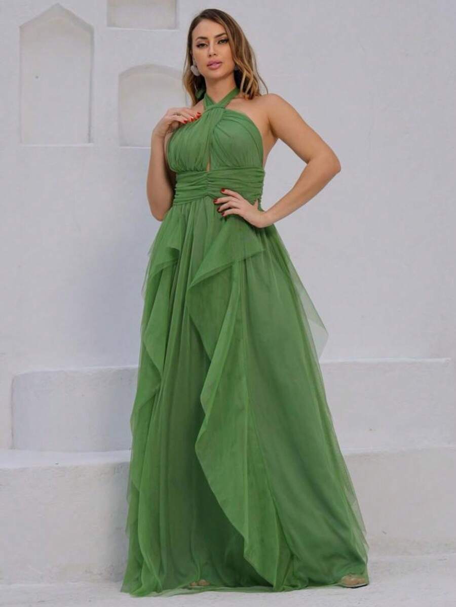 Long Party Dress For Wedding, Bridesmaid, Graduation In Plain Tulle With Cascade Skirt - Olive Green - View 1