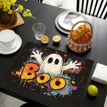 4pcs Halloween Ghost Print Placemats Set, Woven Polyester Rectangular Table Mats, Hand Wash Only, Kitchen & Home Decor, Indoor & Outdoor Dining Decoration - Multicolor - View 7