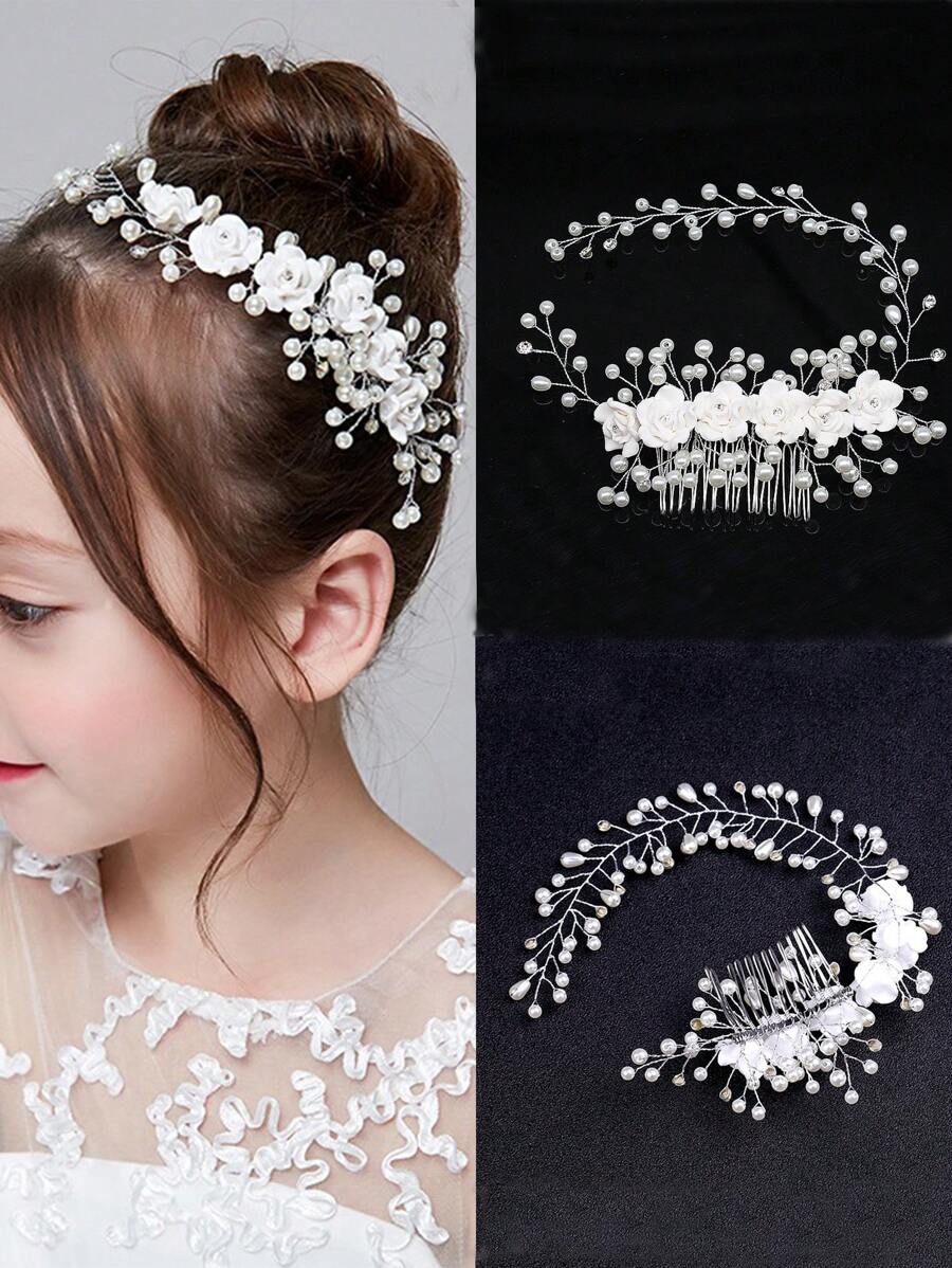 1 pieza Diadema con flor blanca y perlas para mujer/niño, peineta con rosa, accesorio vintage elegante y versátil