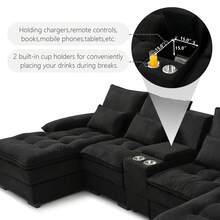 130" U-Shaped Sectional Sofa With Cup Holders, 6-Seater Modular Sleeper Couch With  & Console, Modern Luxury Convertible Sofa Set For Living Room, Apartment, Home Theater, Comfortable Upholstered Sofa Set With Double-Layer Cushion (High-Density Foam + Pocket Springs), Sleeper Couch With Durable Linen Upholstery, Sturdy Wood & Iron Frame, Home Decor - 黑色 - 查看 4