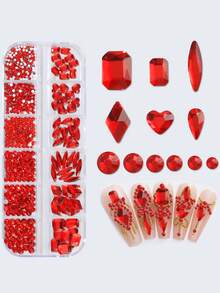 12 格 3D 平底美甲水钻、玻璃 AB 水晶 DIY 珠宝制作套件，适用于面部、服装、美甲装饰指甲饰品指甲宝石美甲用品指甲 - 紅色 - 查看 4