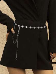 1 件时尚简约四叶草水钻合金腰链女士连衣裙配饰 - 銀色 - 查看 3